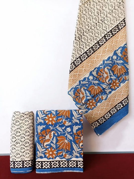 Traditional Hand Block Printed Unstitched 100% Cotton Suit Set (Option 20)