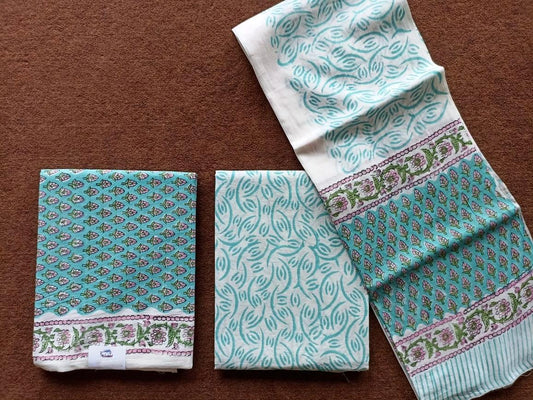 Traditional Hand Block Printed Unstitched 100% Cotton Suit Set (Option 10)