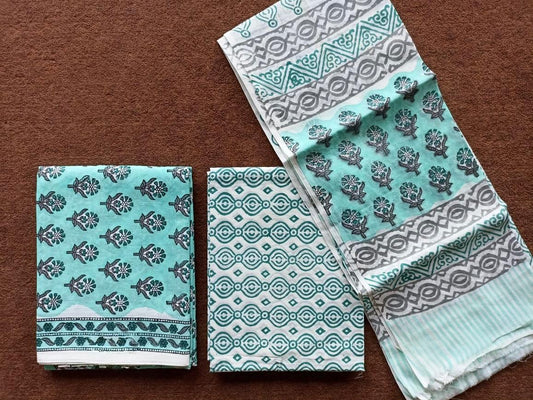 Traditional Hand Block Printed Unstitched 100% Cotton Suit Set (Option 14)
