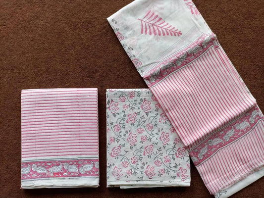 Traditional Hand Block Printed Unstitched 100% Cotton Suit Set (Option 16)