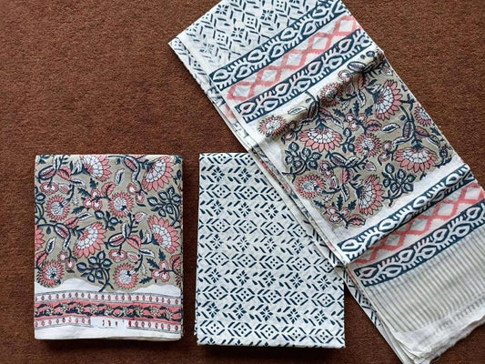 Traditional Hand Block Printed Unstitched 100% Cotton Suit Set (Option 17)