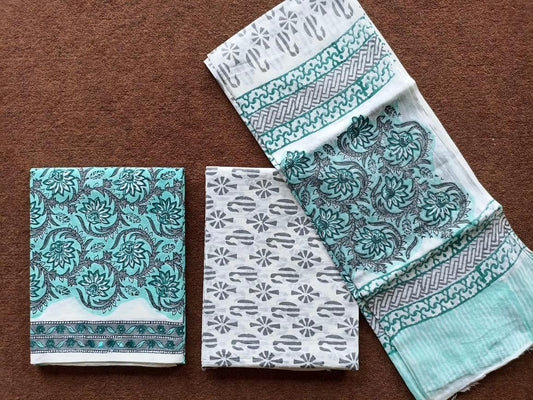 Traditional Hand Block Printed Unstitched 100% Cotton Suit Set (Option 18)
