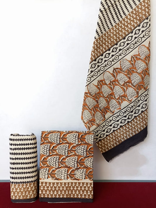Traditional Hand Block Printed Unstitched 100% Cotton Suit Set (Option 19)