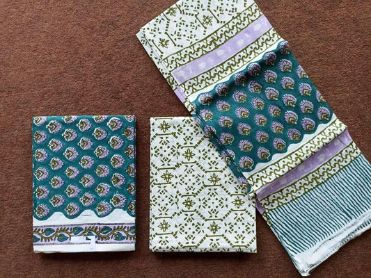 Traditional Hand Block Printed Unstitched 100% Cotton Suit Set (Option 2)
