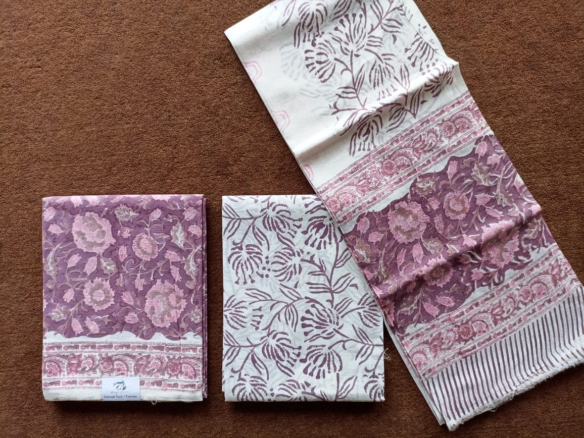 Traditional Hand Block Printed Unstitched 100% Cotton Suit Set (Option 9)